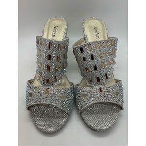 John Fashion Women's Silver Rhinestone Beaded Open Toe Wedge Heel Size 7